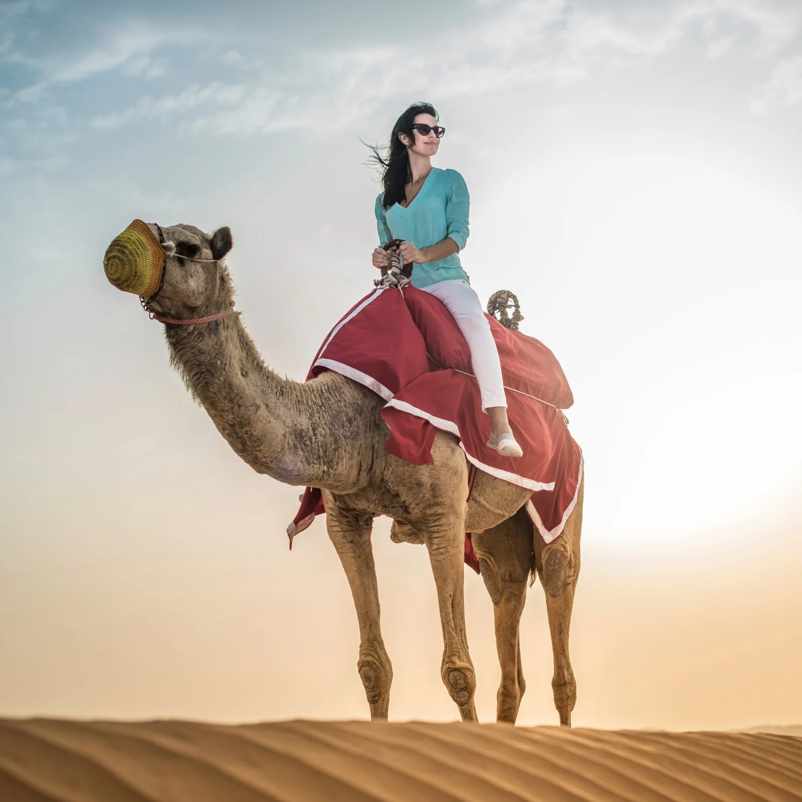 Guest riding a decorated camel across the dunes